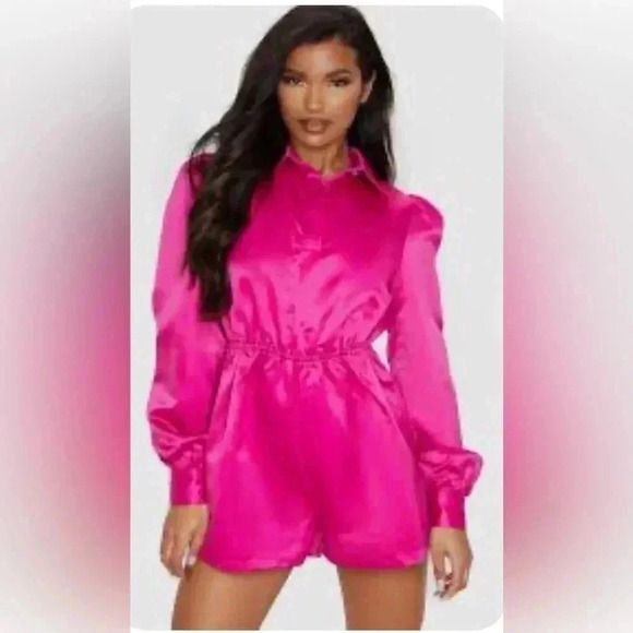 NWT prettylittlething fuschia bonded satin shirt day 2 nite trendy playsuit  8 - Picture 1 of 4